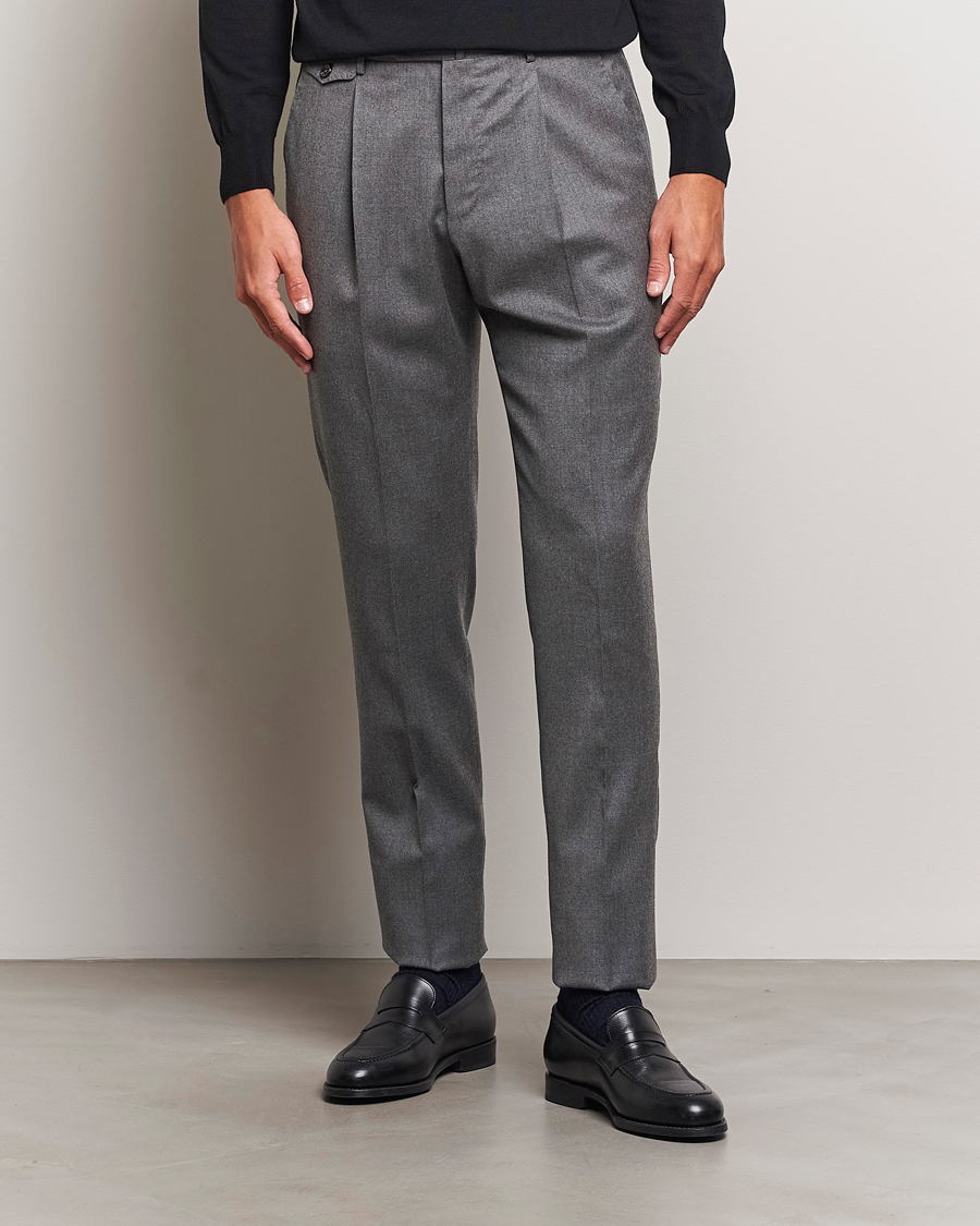Herr | Byxor | PT01 | Slim Fit Pleated Flannel Trousers Grey Melange