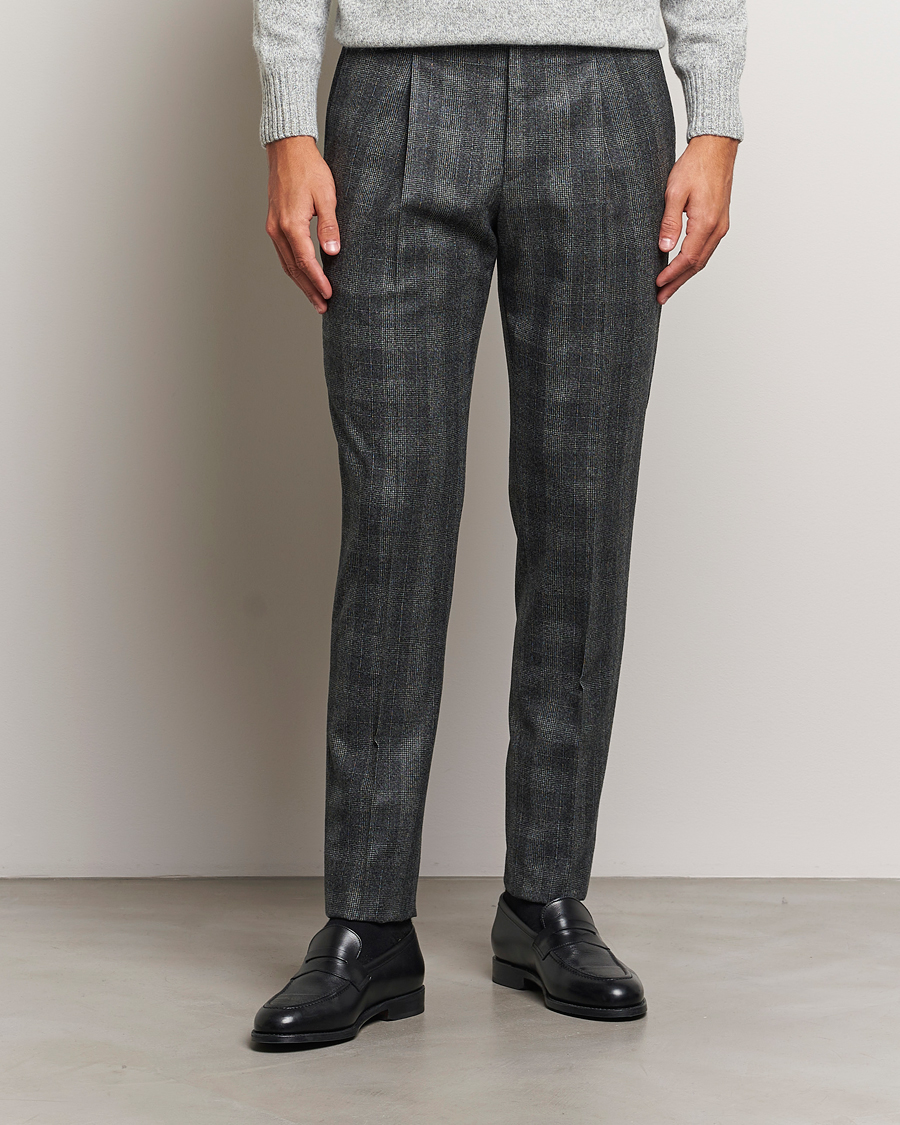 Herr | Byxor | PT01 | Slim Fit Pleated Checked Flannel Trousers Grey
