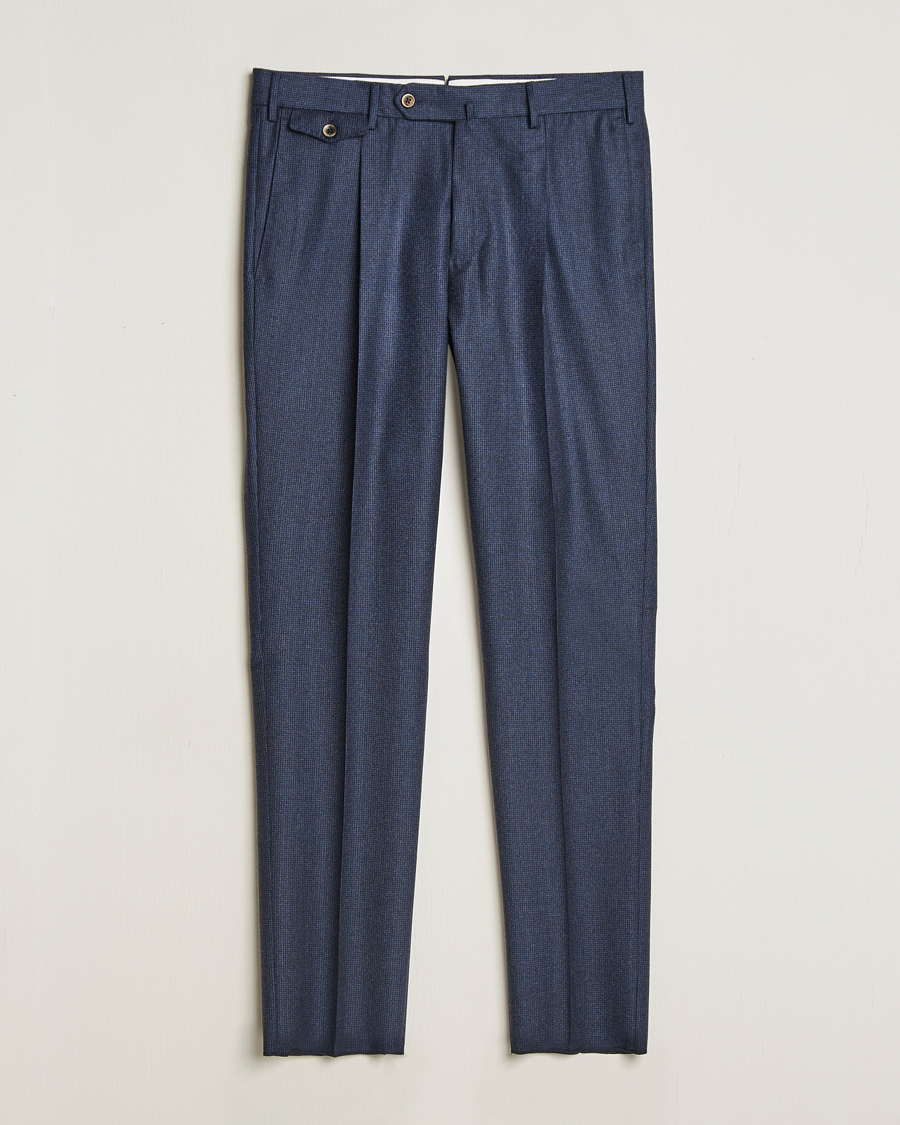 Herr | Byxor | PT01 | Slim Fit Pleated Houndstooth Flannel Trousers Navy