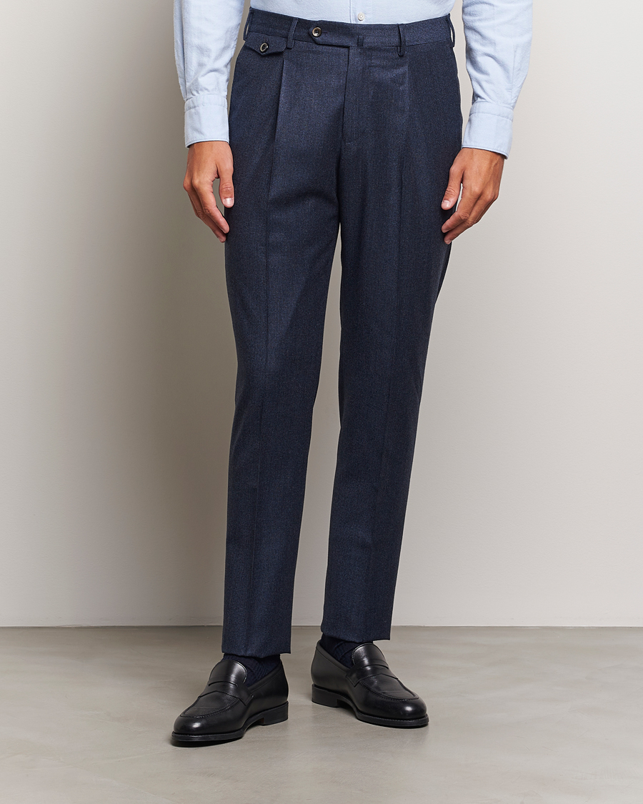 Herr | Byxor | PT01 | Slim Fit Pleated Houndstooth Flannel Trousers Navy