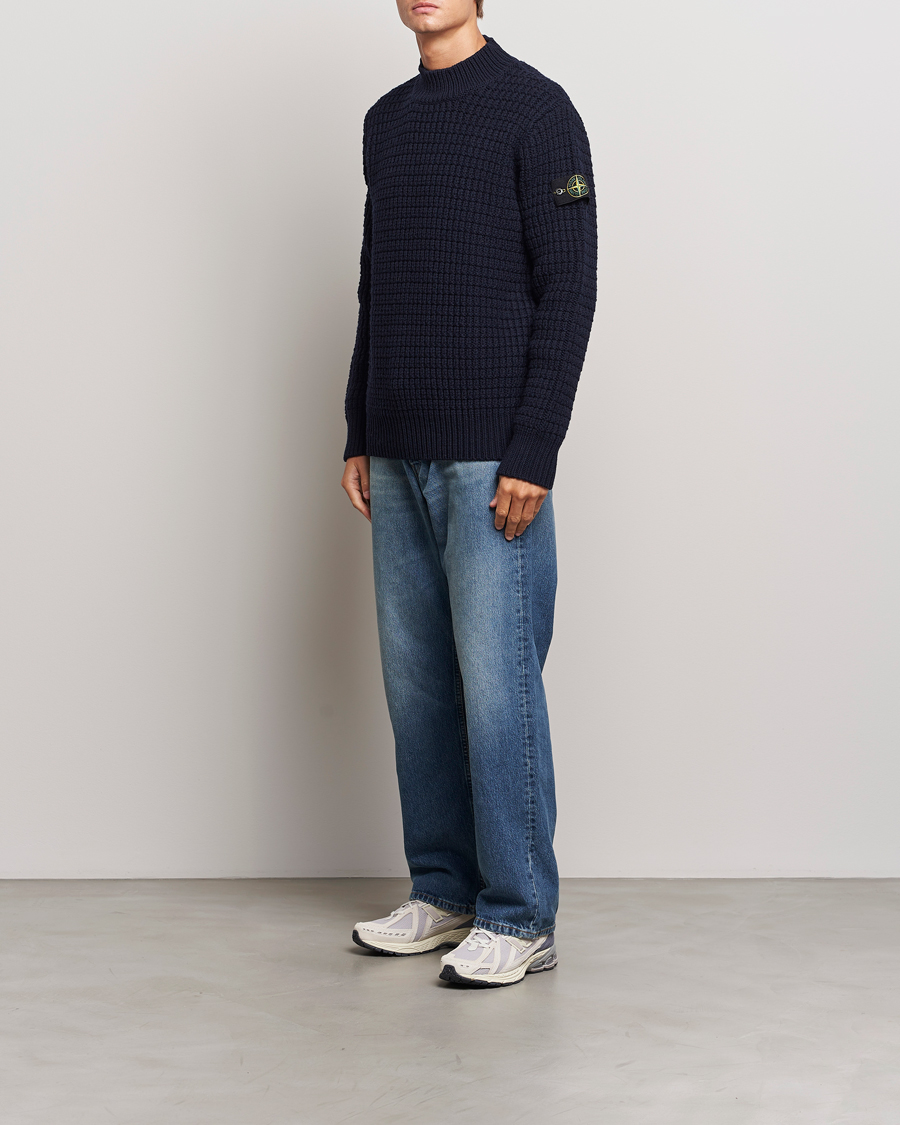 Herr | Tröjor | Stone Island | Checkered Rib Stich Wool Mock Neck Navy Blue
