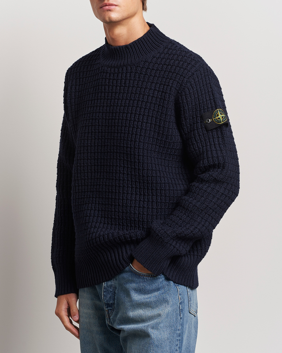 Herr | Tröjor | Stone Island | Checkered Rib Stich Wool Mock Neck Navy Blue