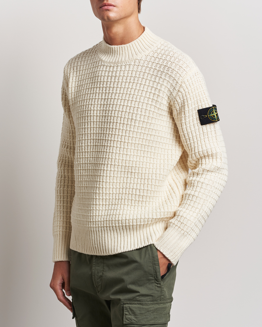 Herr | Tröjor | Stone Island | Checkered Rib Stich Wool Mock Neck Natural