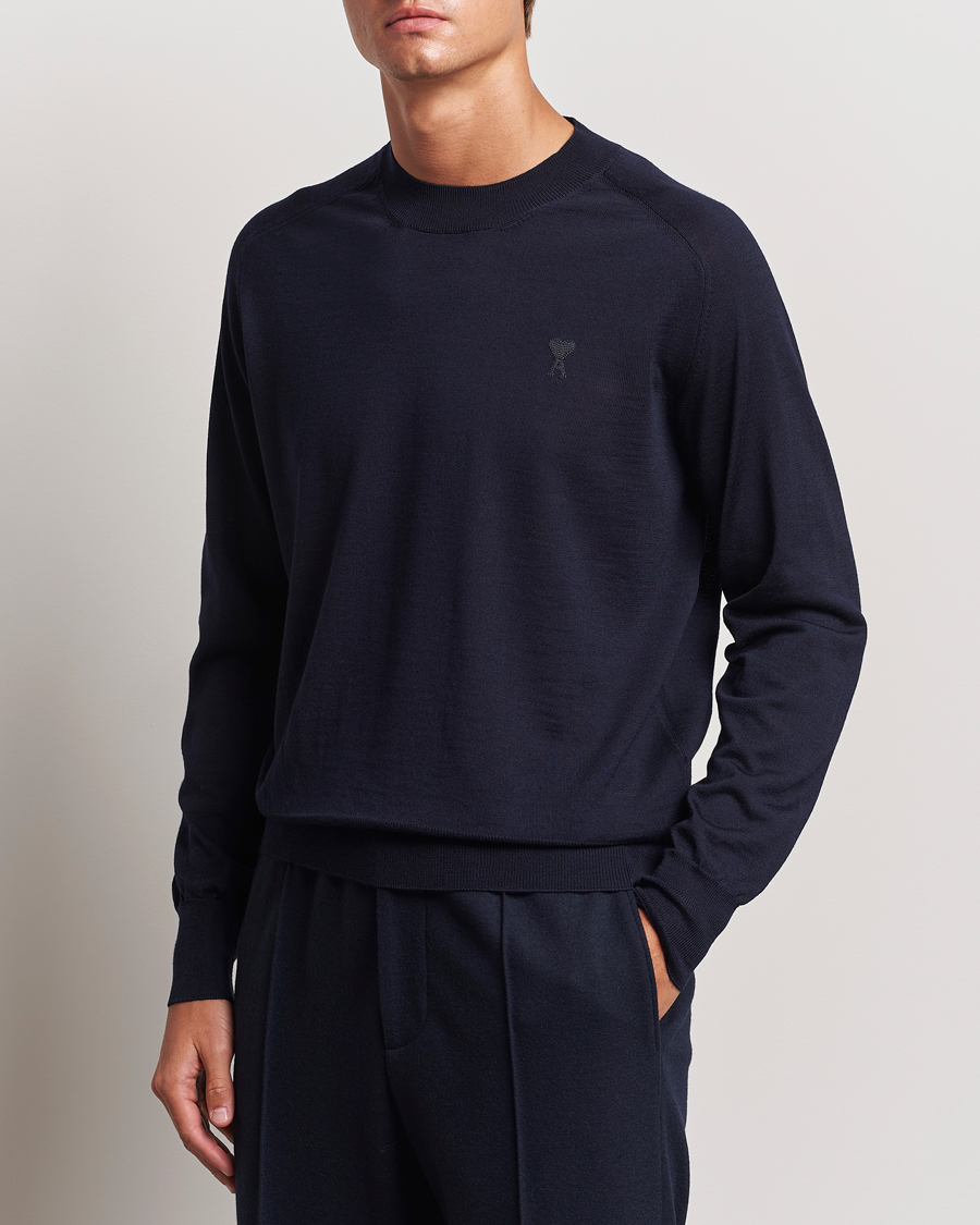 Herr | Tröjor | AMI | Tonal Heart Logo Wool Crew Neck Navy