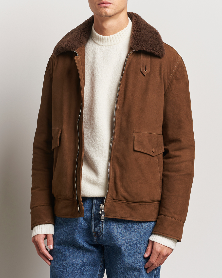 Herr | Jackor | Valstar | Goose Down Shearling Flight Jacket Brown Suede