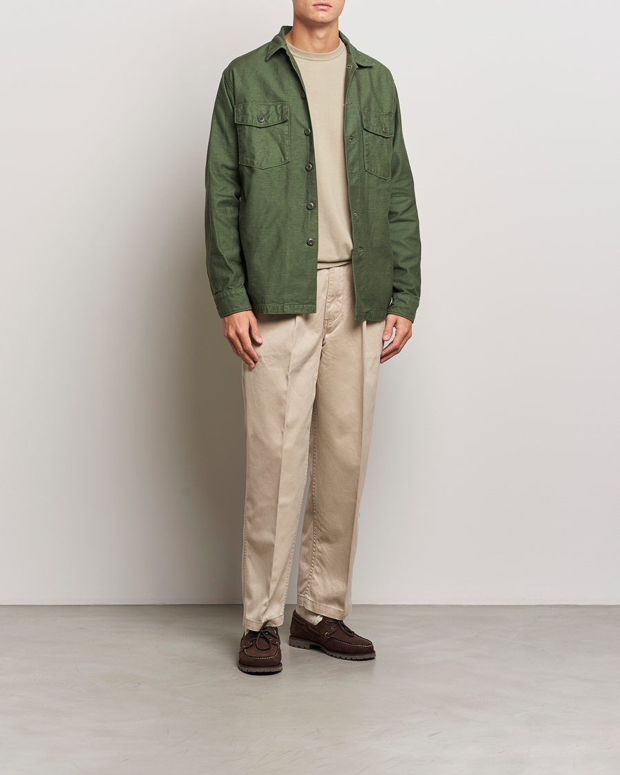 Herr | Byxor | orSlow | Two Tuck Wide Trousers Khaki