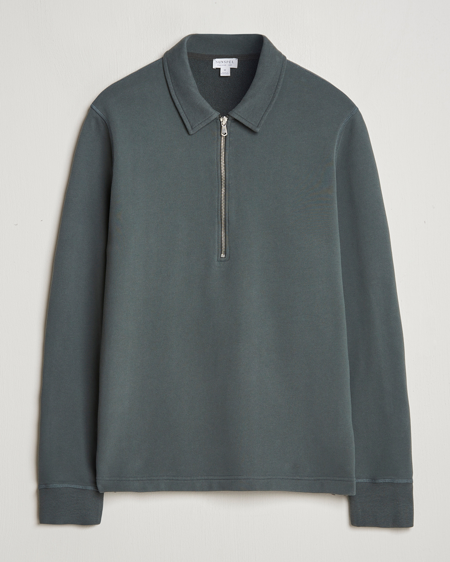 Herr | Tröjor | Sunspel | Zip Loopback Sweatshirt Polo Drill Green