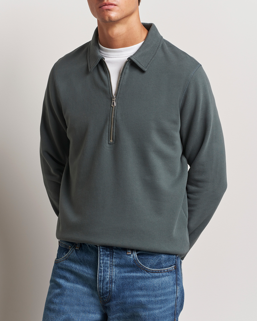 Herr | Tröjor | Sunspel | Zip Loopback Sweatshirt Polo Drill Green