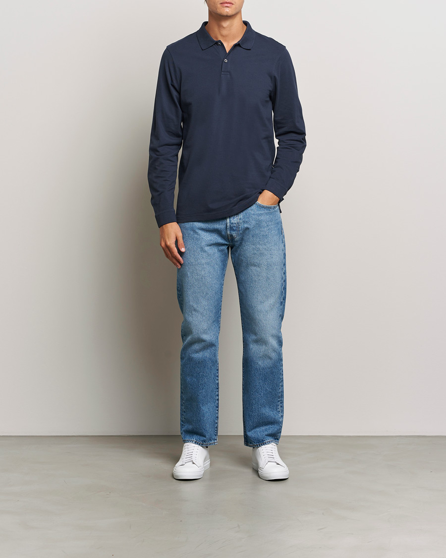 Herr | Pikéer | Sunspel | Supima Cotton Long Sleeve Pique Polo Navy