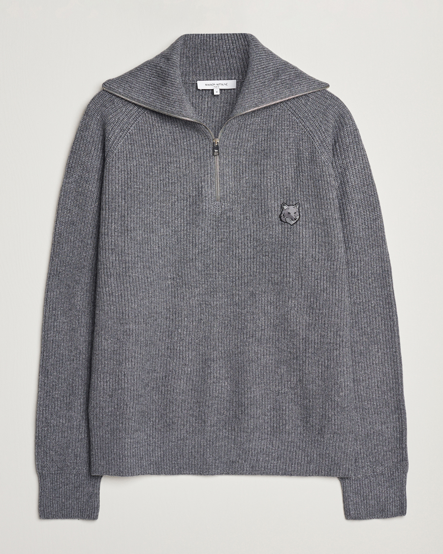 Herr | Tröjor | Maison Kitsuné | Bold Fox Rib Knitted Half Zip Medium Grey Melange