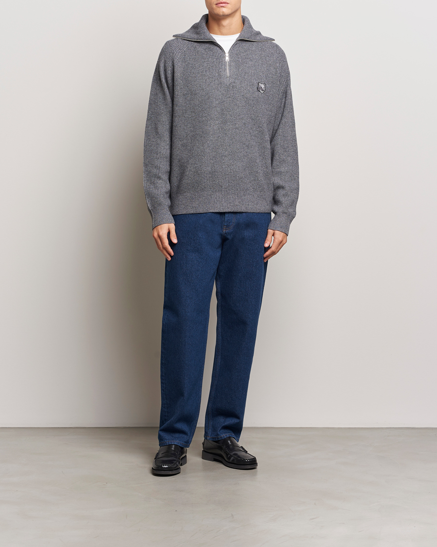 Herr | Tröjor | Maison Kitsuné | Bold Fox Rib Knitted Half Zip Medium Grey Melange
