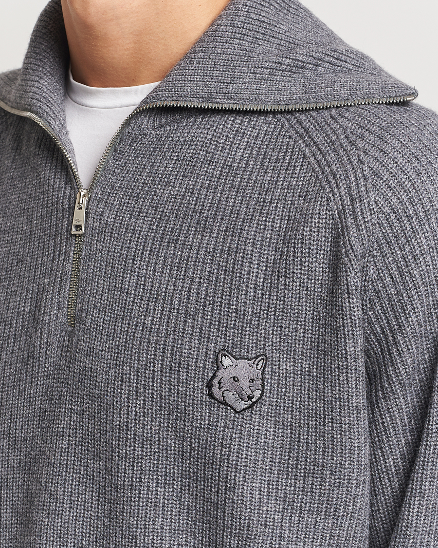 Herr | Tröjor | Maison Kitsuné | Bold Fox Rib Knitted Half Zip Medium Grey Melange