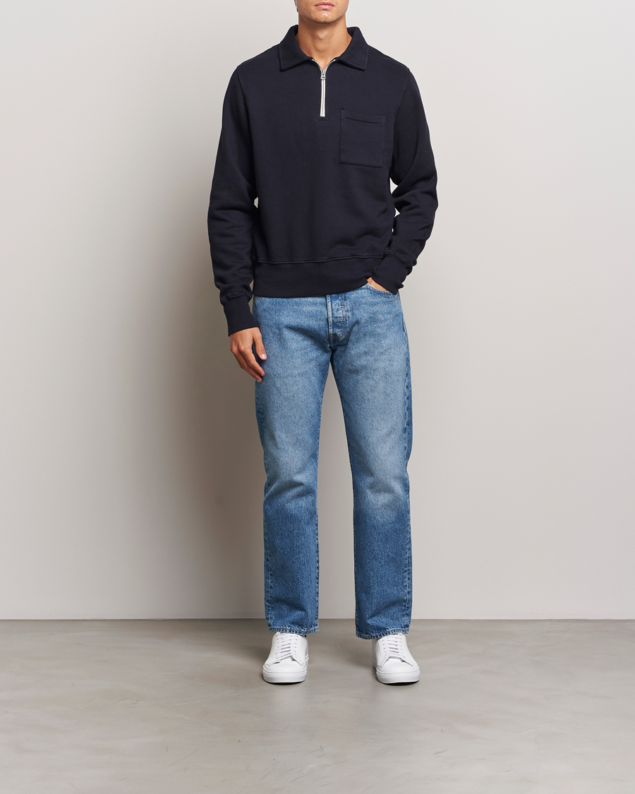 Herr | Tröjor | Merz b. Schwanen | Vintage Fleece Half Zip Sweatshirt Dark Navy