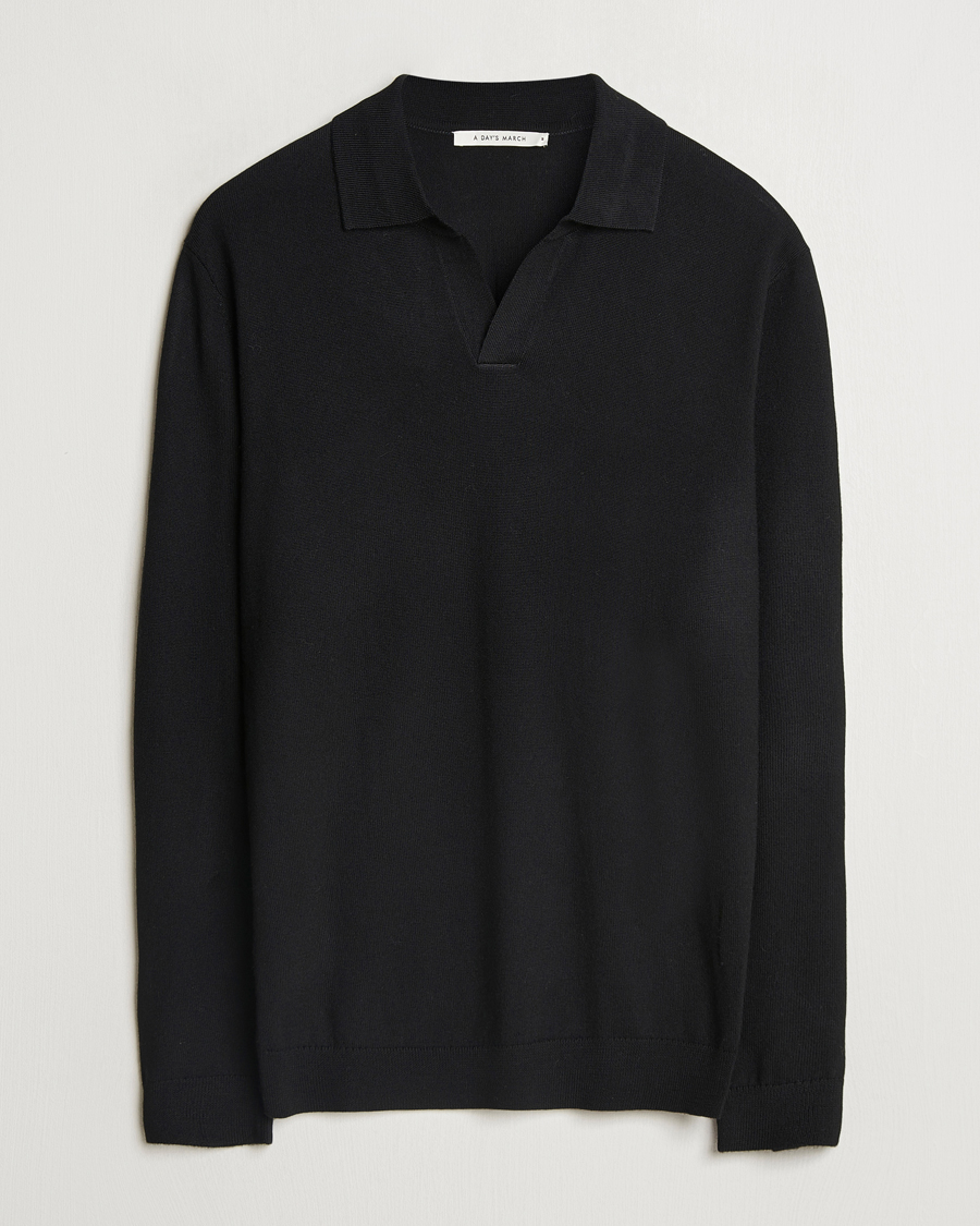 Herr | Tröjor | A Day's March | Manol Open Collar Merino Polo Black