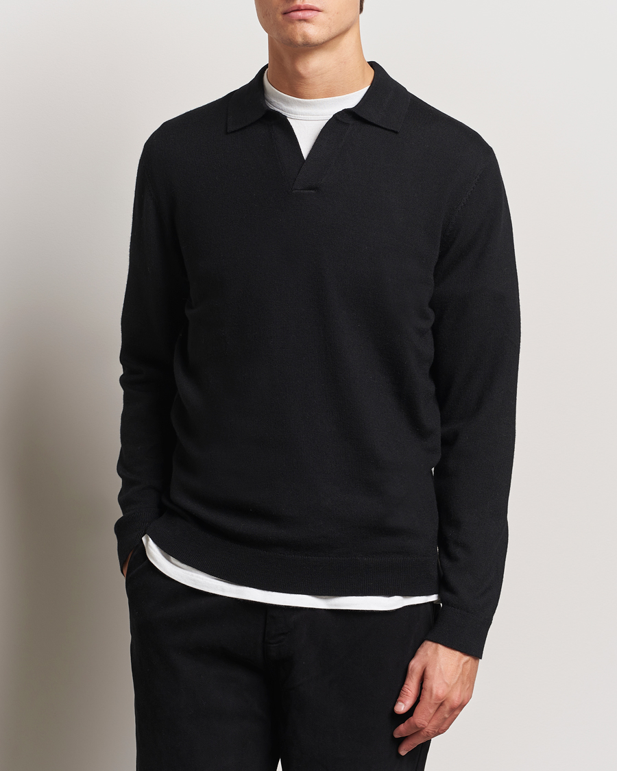 Herr | Tröjor | A Day's March | Manol Open Collar Merino Polo Black