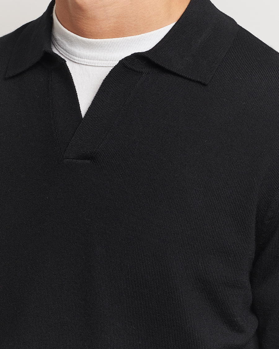 Herr | Tröjor | A Day's March | Manol Open Collar Merino Polo Black