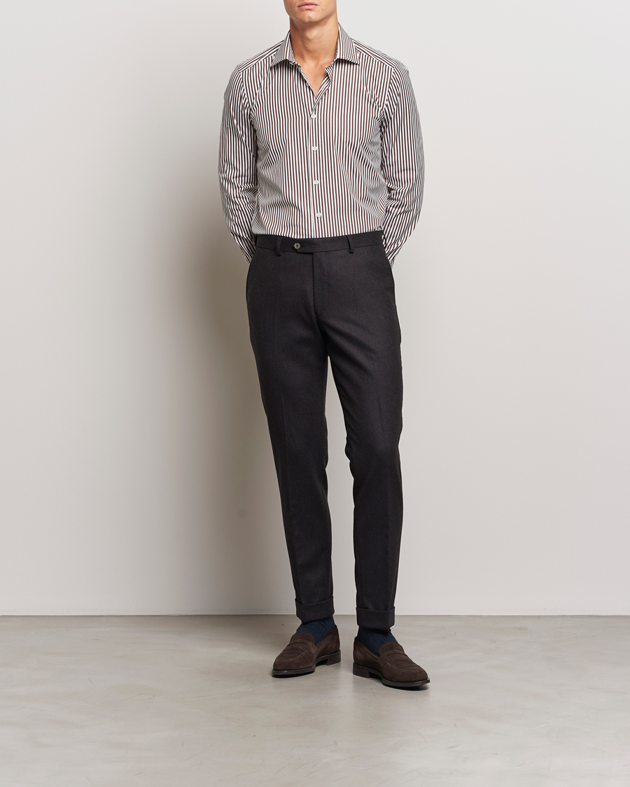 Herr | Skjortor | 100Hands | Striped Cut Away Cotton Shirt Brown