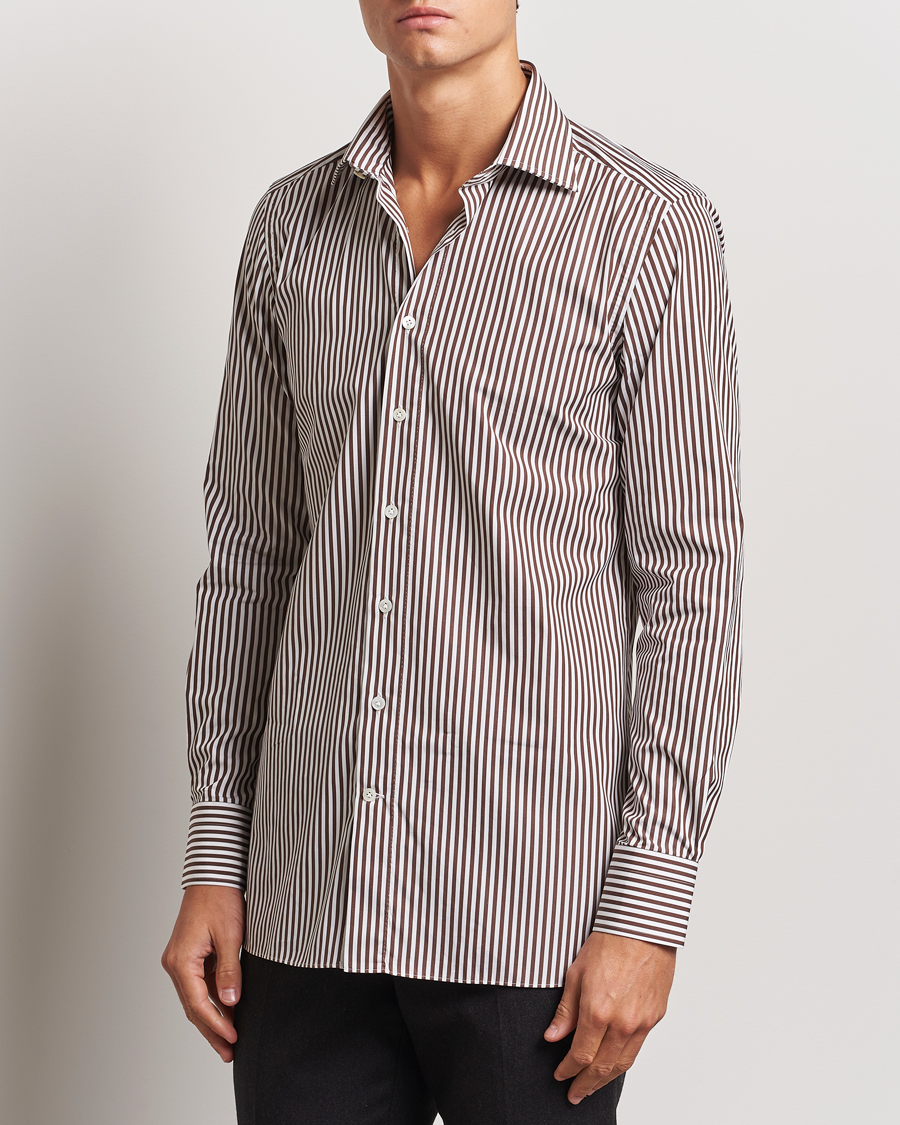 Herr | Skjortor | 100Hands | Striped Cut Away Cotton Shirt Brown