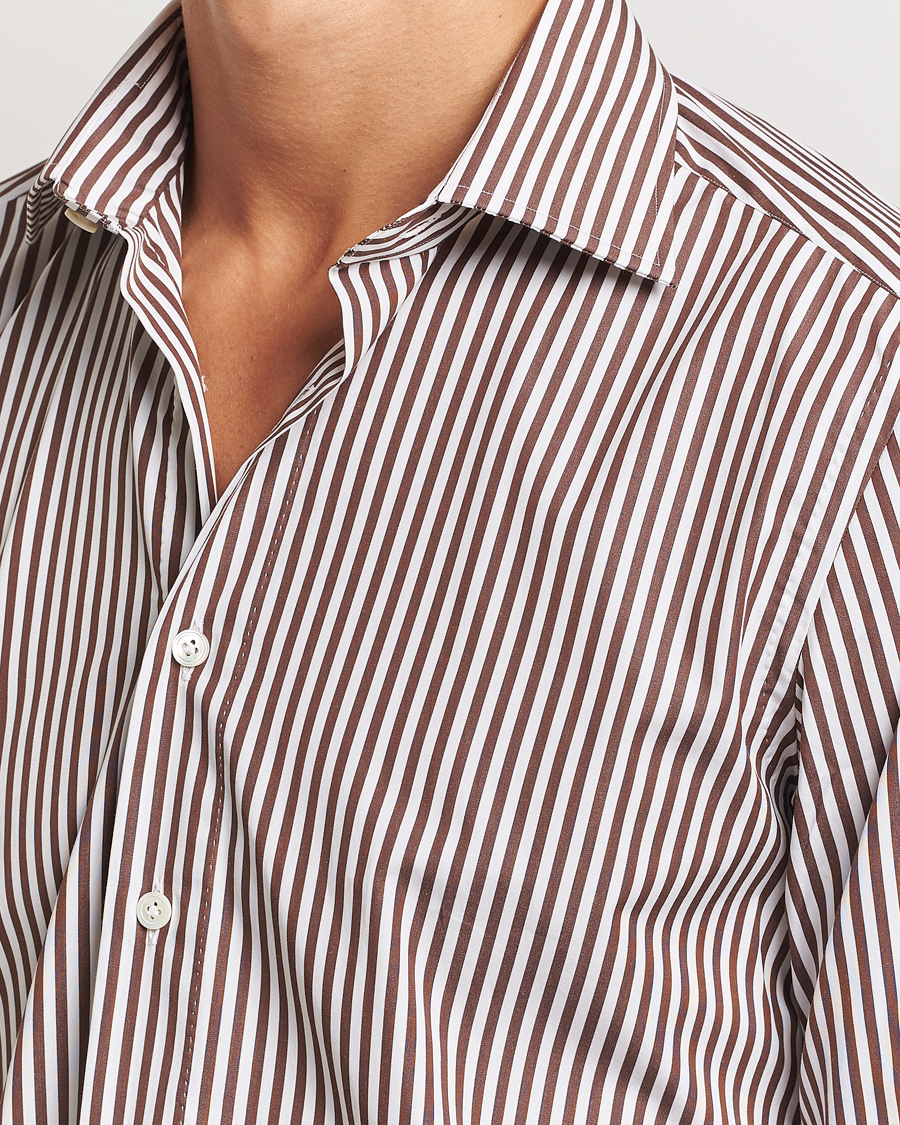 Herr | Skjortor | 100Hands | Striped Cut Away Cotton Shirt Brown