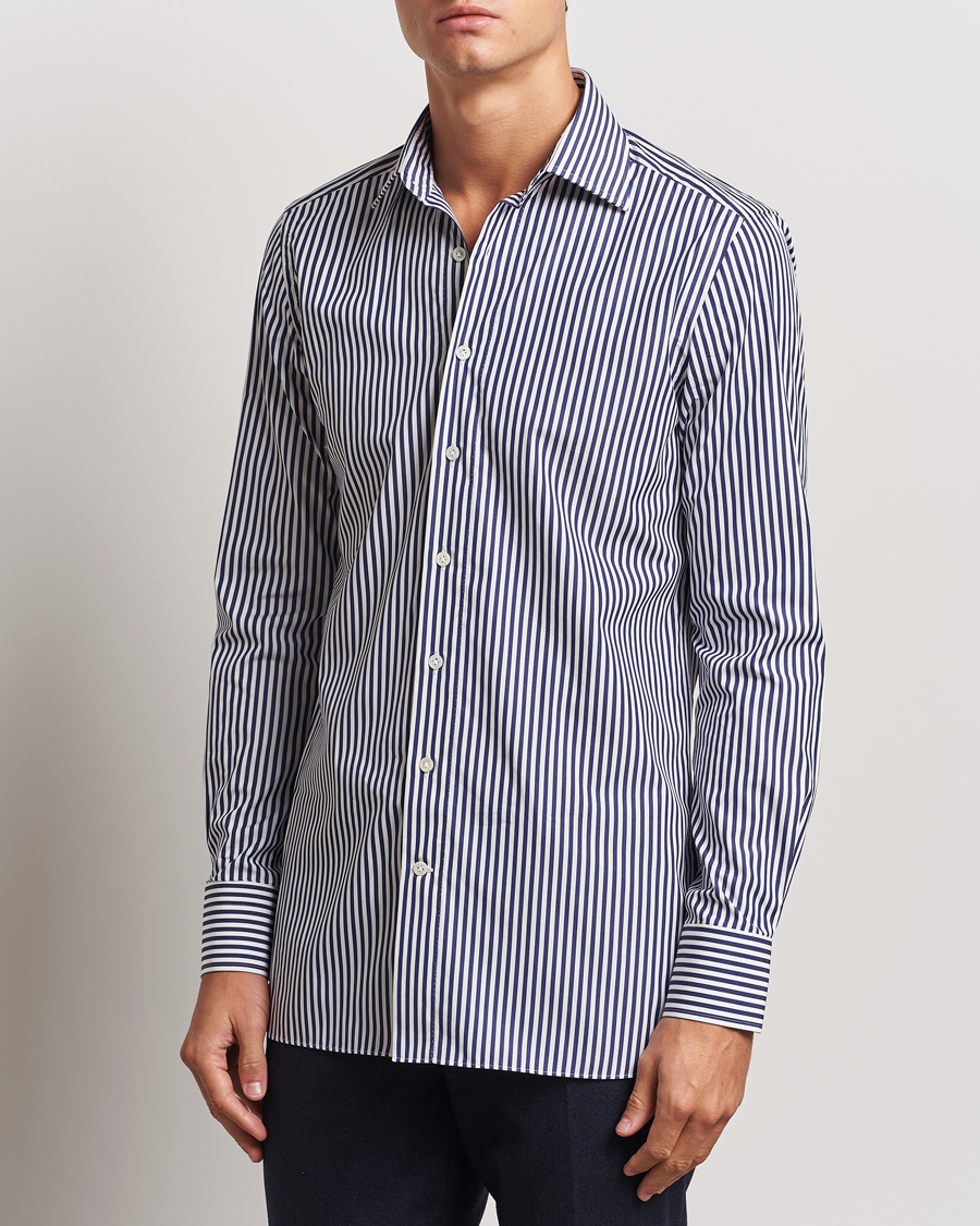 Herr | Skjortor | 100Hands | Striped Cut Away Cotton Shirt Navy