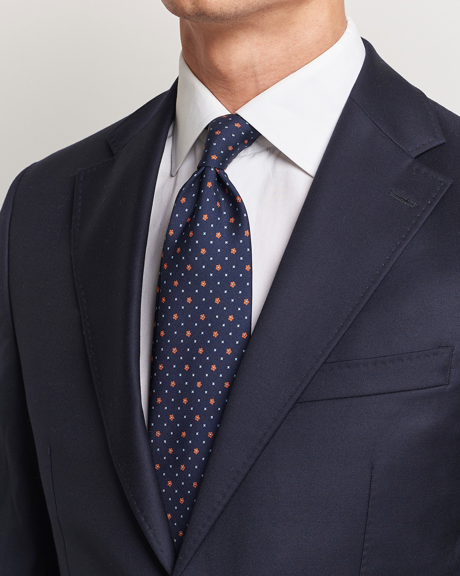 Herr | Slipsar | E. Marinella | 3-Fold Printed Silk Tie Navy/Orange