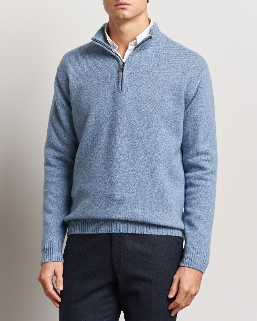 Herr | Tröjor | Oscar Jacobson | Paul Wool/Cashmere Melange Half Zip Light Blue