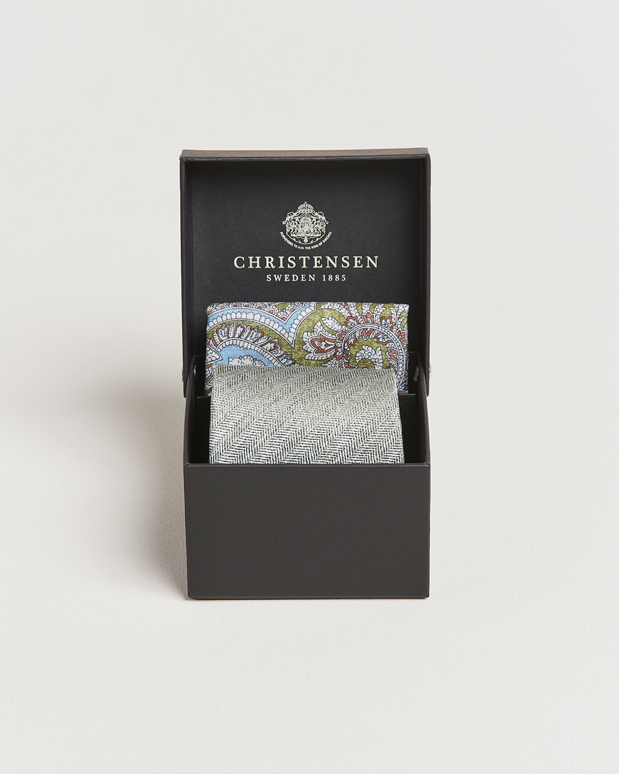 Herr | Slipsar | Amanda Christensen | Box Set Printed Silk 8cm Tie With Pocket Square Green