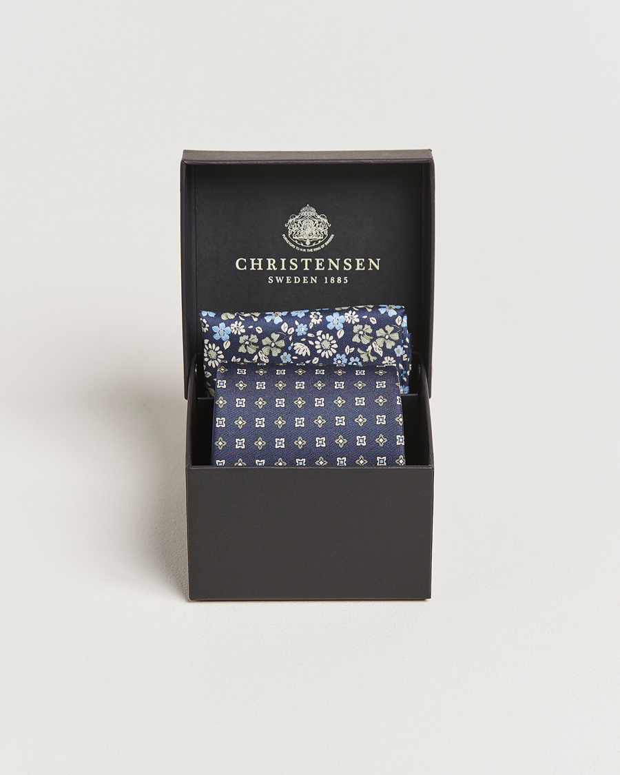 Herr | Slipsar | Amanda Christensen | Box Set Printed Silk 8cm Tie With Pocket Square Navy