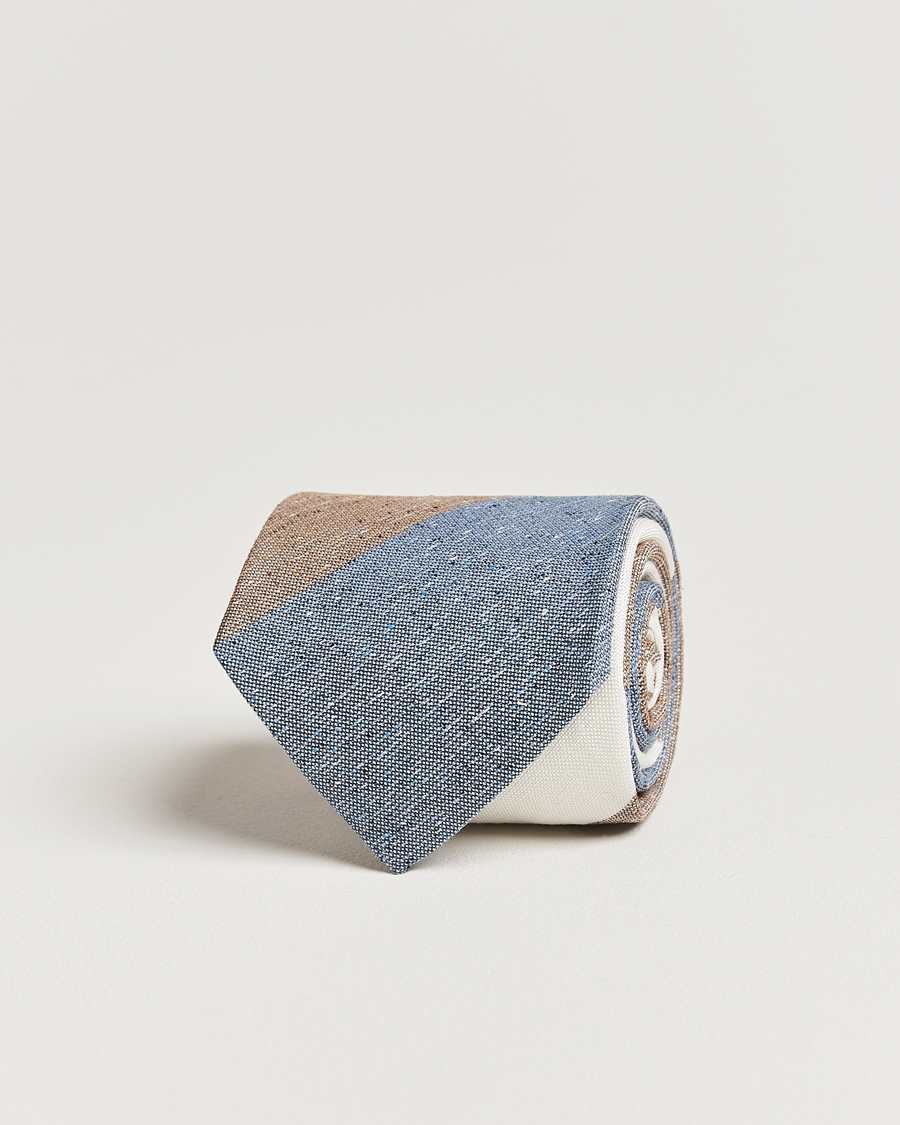 Herr | Slipsar | Amanda Christensen | Silk/Linen Bourette Block Striped 8cm Tie White/Blue/Brown