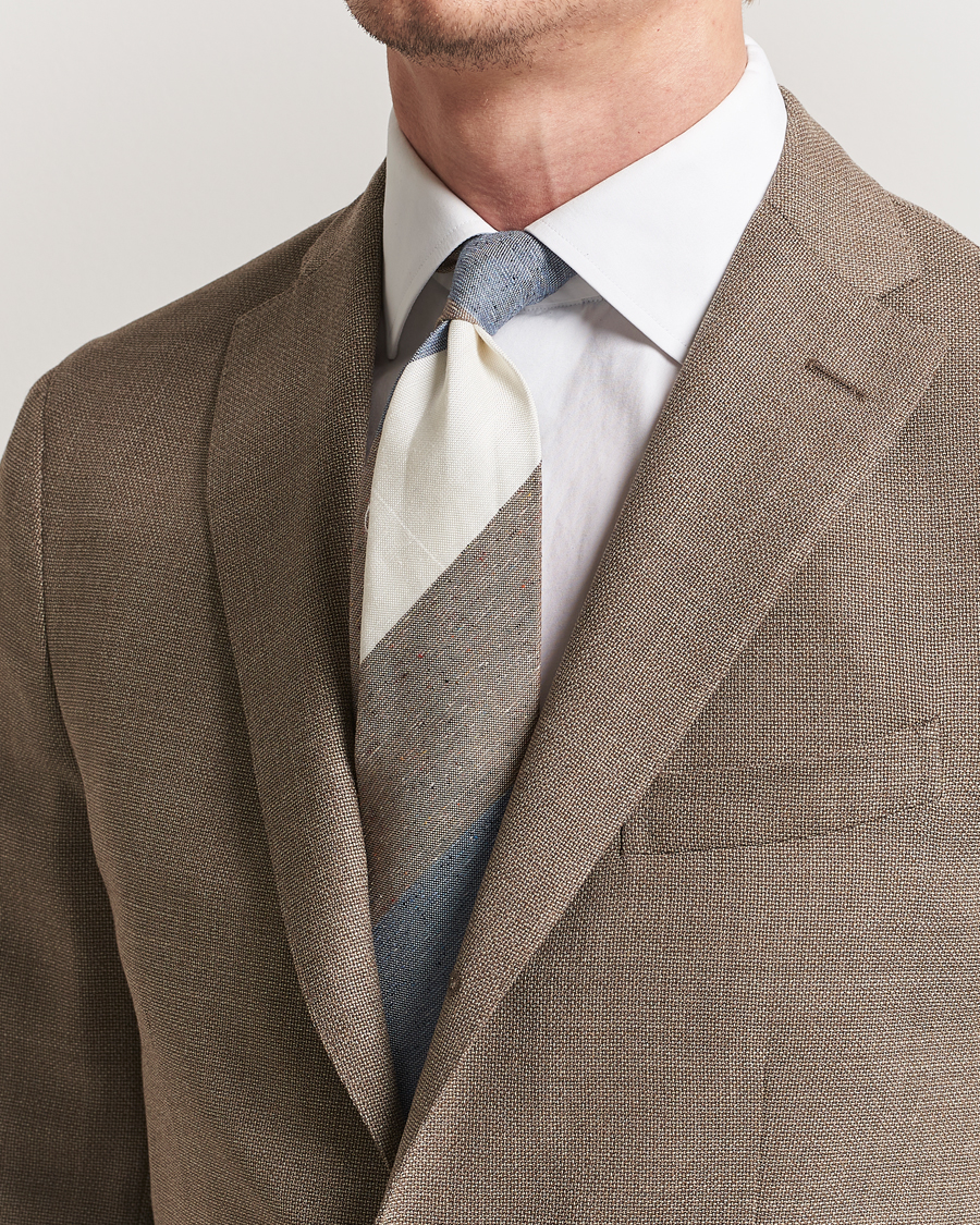 Herr | Slipsar | Amanda Christensen | Silk/Linen Bourette Block Striped 8cm Tie White/Blue/Brown