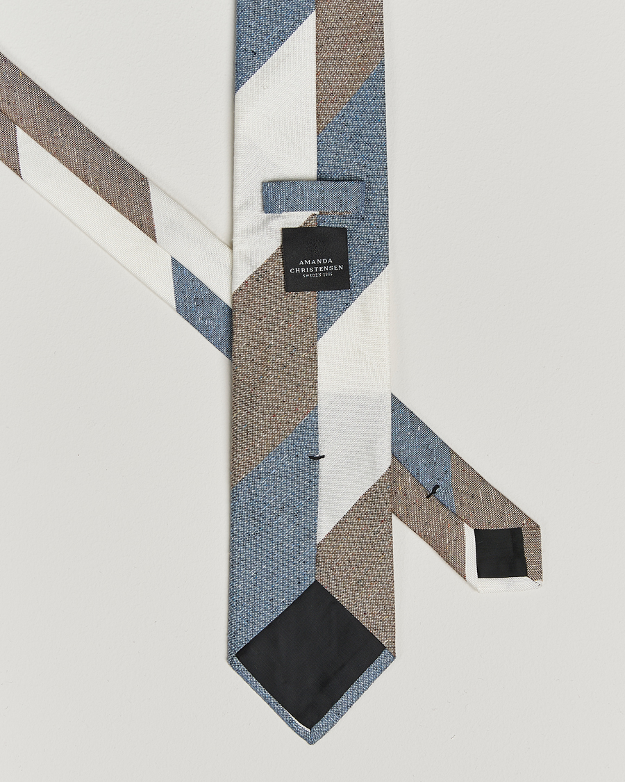 Herr | Slipsar | Amanda Christensen | Silk/Linen Bourette Block Striped 8cm Tie White/Blue/Brown