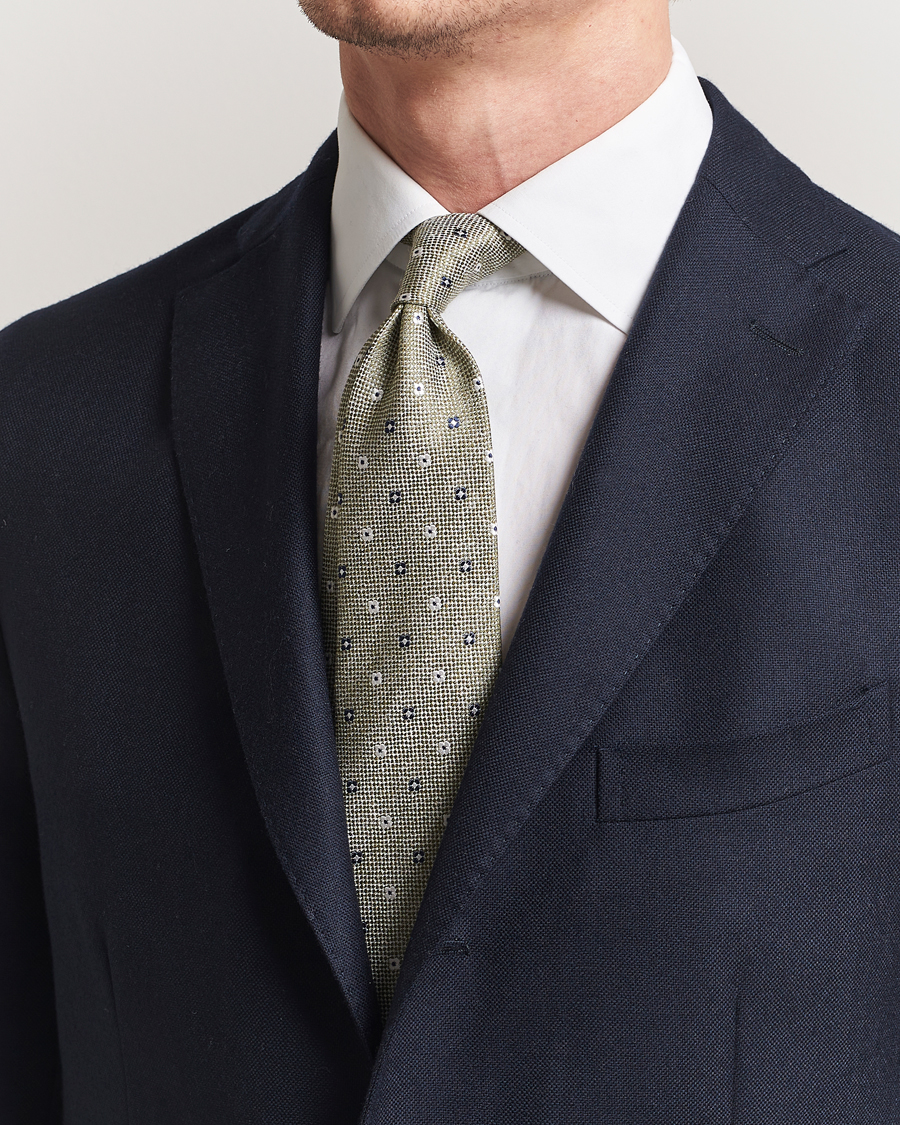Herr | Slipsar | Amanda Christensen | Silk/Linen Printed Flower 8cm Tie Green