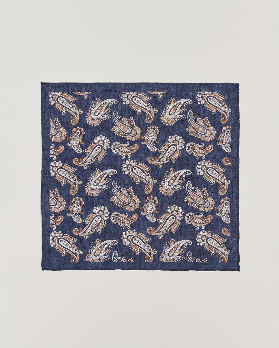 Herr | Näsdukar | Amanda Christensen | Linen Printed Large Paisley Pocket Square Navy