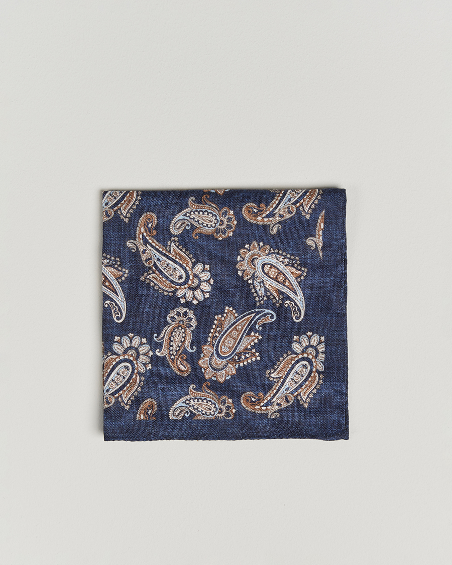Herr | Näsdukar | Amanda Christensen | Linen Printed Large Paisley Pocket Square Navy