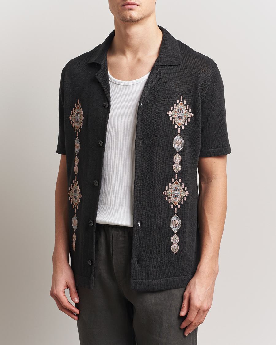 Herr | Skjortor | NN07 | Henry Printed Knitted Short Sleeve Shirt Black