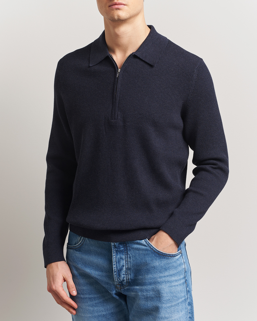 Herr | Tröjor | NN07 | Hansie Ribbed Knitted Half Zip Navy Melange