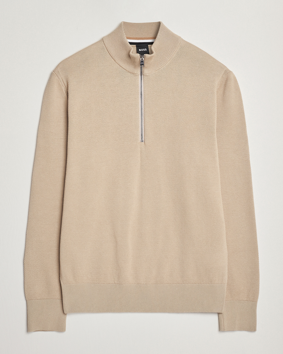 Herr | Tröjor | BOSS BLACK | Ebrando Knitted Half Zip Light Beige