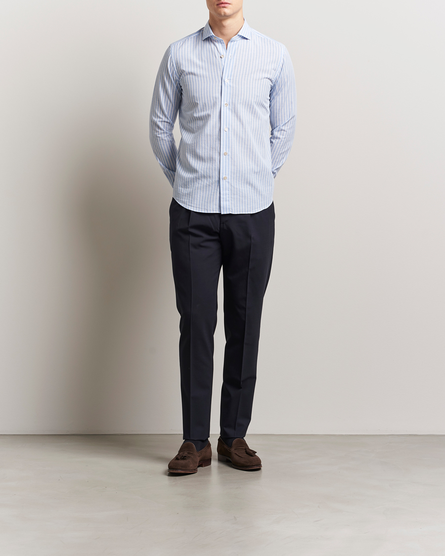 Herr | Skjortor | Grigio | Cotton Linen Casual Shirt Light Blue Stripe
