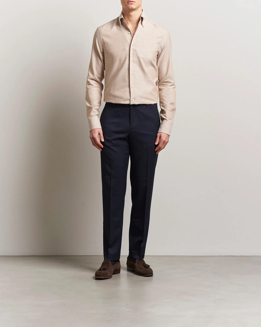 Herr | Skjortor | Stenströms | Soft Cotton One Piece Button Down Shirt Beige