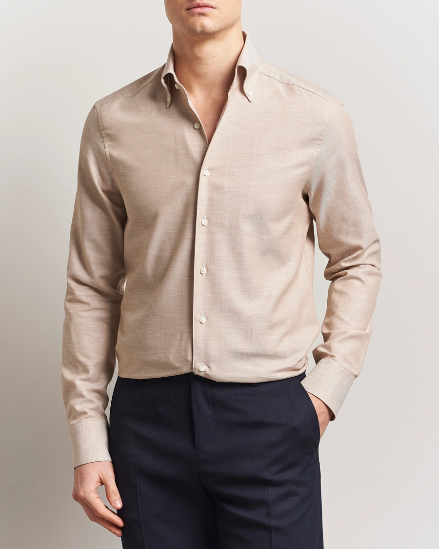 Herr | Skjortor | Stenströms | Soft Cotton One Piece Button Down Shirt Beige