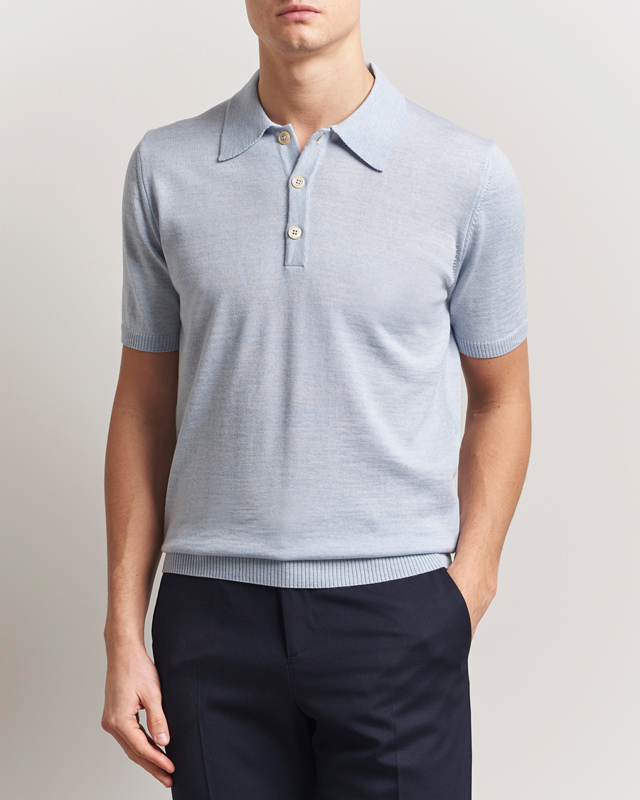 Herr | Pikéer | Stenströms | Knitted Merino Polo Light Blue