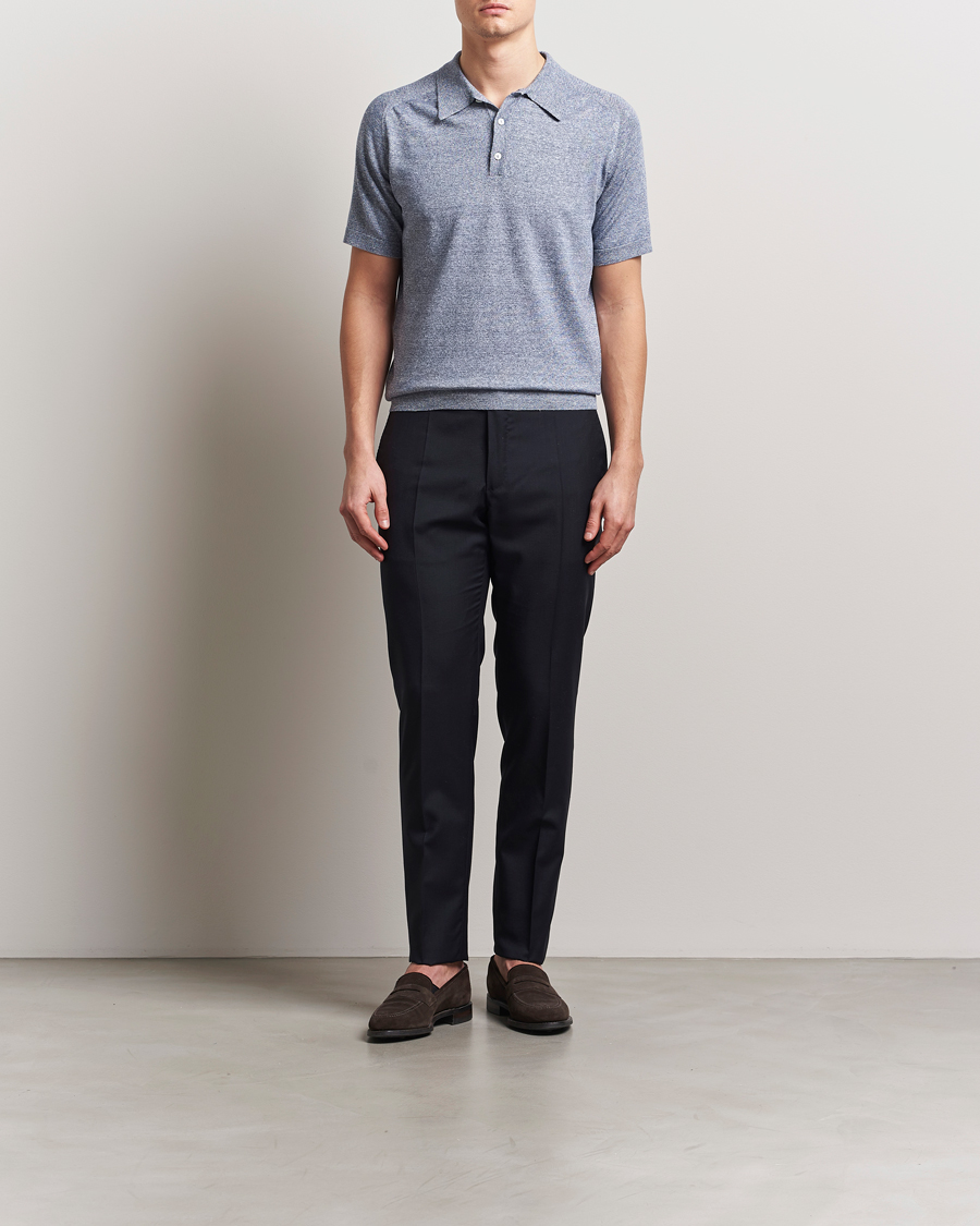 Herr | Pikéer | Eton | Cotton/Linen Fine Knitted Polo Dark Blue