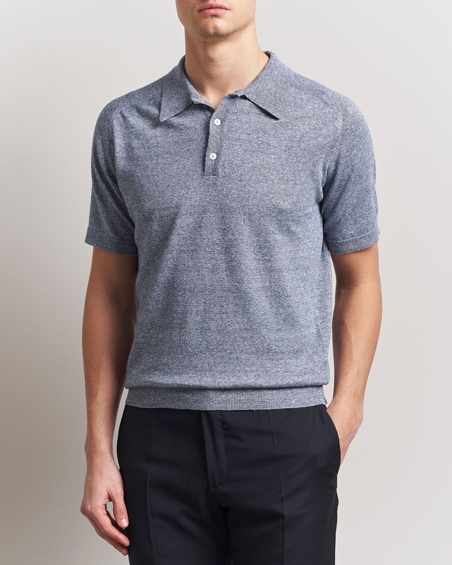 Herr | Pikéer | Eton | Cotton/Linen Fine Knitted Polo Dark Blue