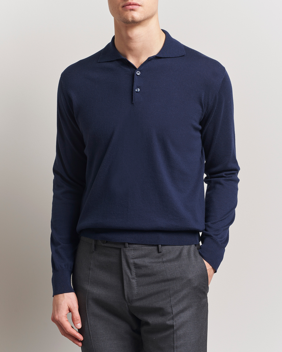 Herr | Tröjor | Eton | Cotton/Cashmere Fine Knitted Polo Navy Blue