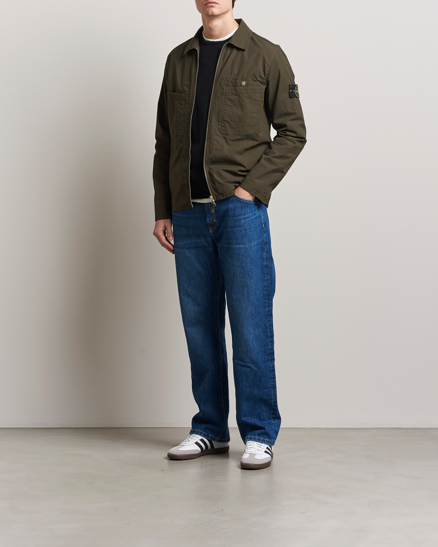 Herr | Skjortor | Stone Island | Stretch Ripstop Cotton Zip Overshirt Military Green