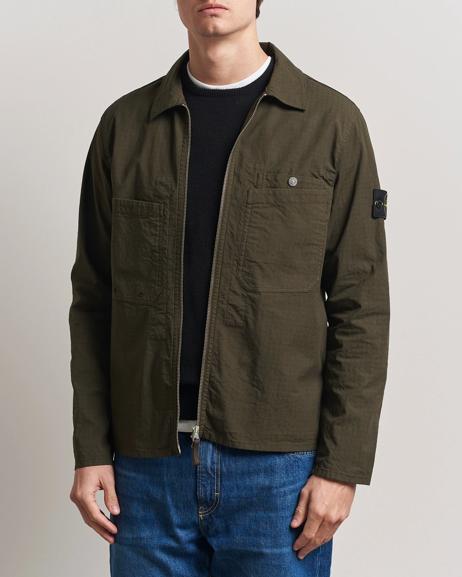 Herr | Skjortor | Stone Island | Stretch Ripstop Cotton Zip Overshirt Military Green