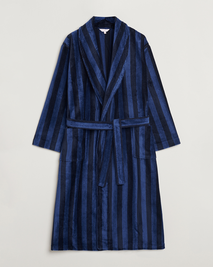 Herr | Derek Rose Cotton Velour Striped Gown Navy/Blue | Derek Rose | Cotton Velour Striped Gown Navy/Blue