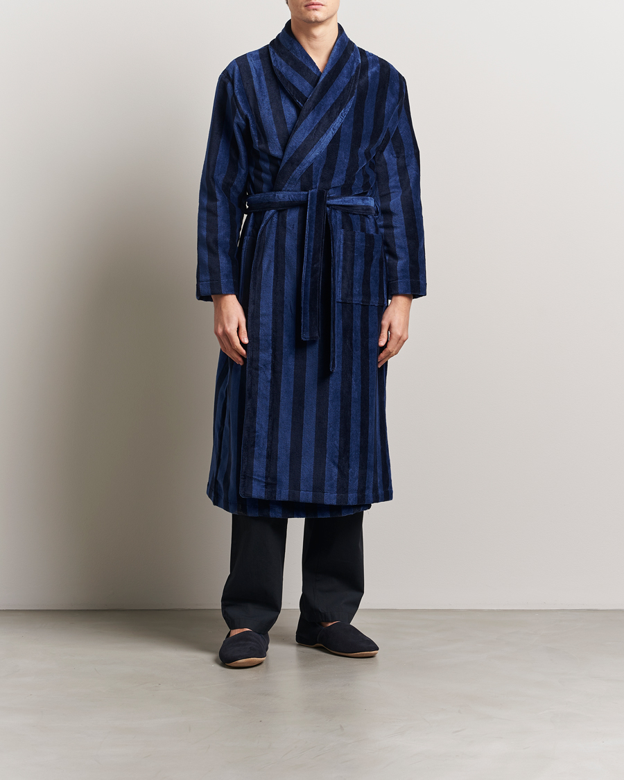 Herr | Derek Rose Cotton Velour Striped Gown Navy/Blue | Derek Rose | Cotton Velour Striped Gown Navy/Blue