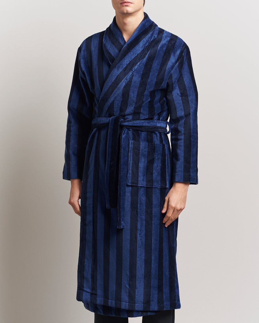 Herr | Derek Rose Cotton Velour Striped Gown Navy/Blue | Derek Rose | Cotton Velour Striped Gown Navy/Blue