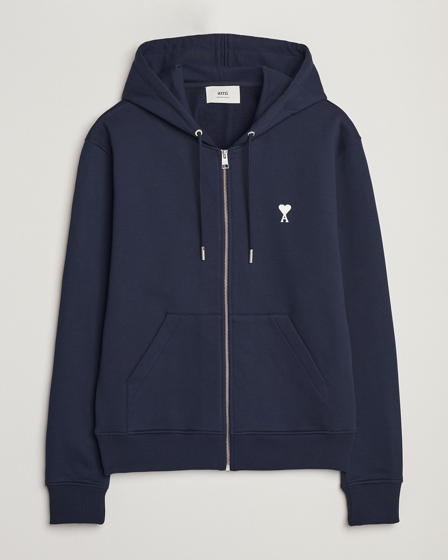 Herr | Tröjor | AMI | Off White Heart Logo Full Zip Hoodie Night Blue